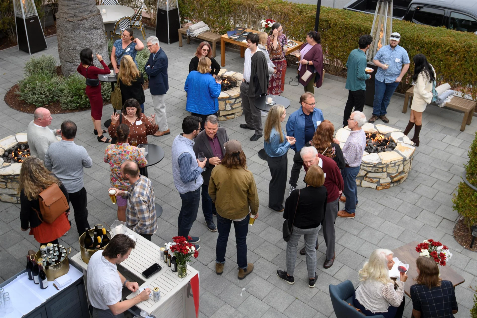 aerial view of alumni on outdoor patio